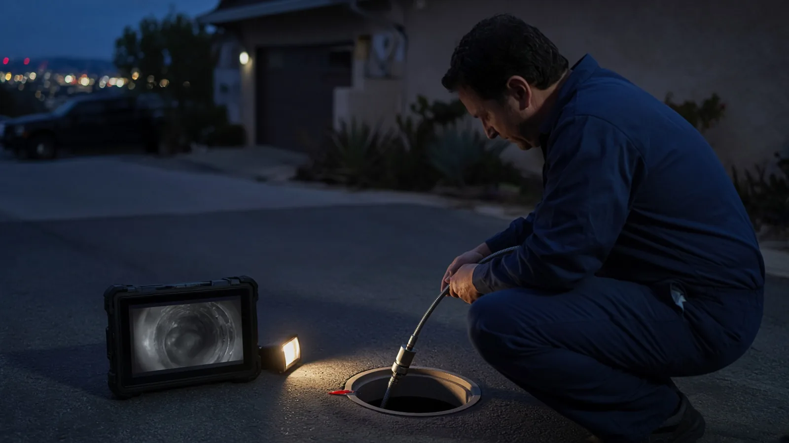 Technician using a sewer inspection camera at an outdoor cleanout