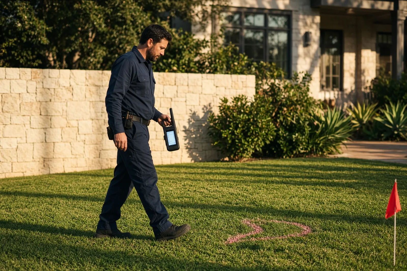 Technician locating an underground sewer line with a handheld receiver