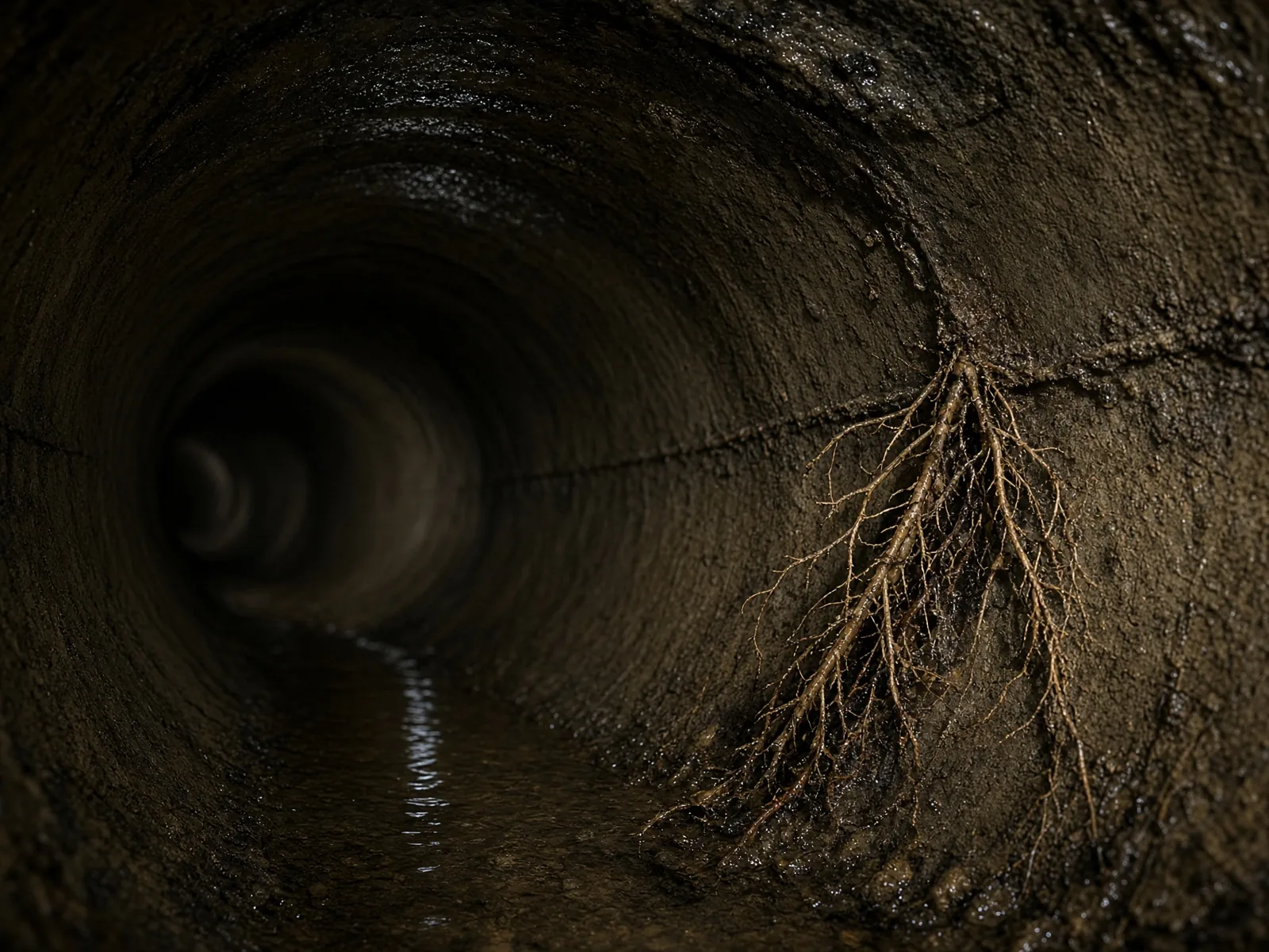 Tree roots extending into the interior of a sewer pipe